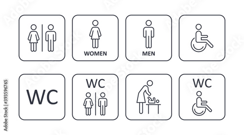Square icons male female disabled restroom  parenting room. Illustration of toilet men women disabled  mother and child. Editable stroke
