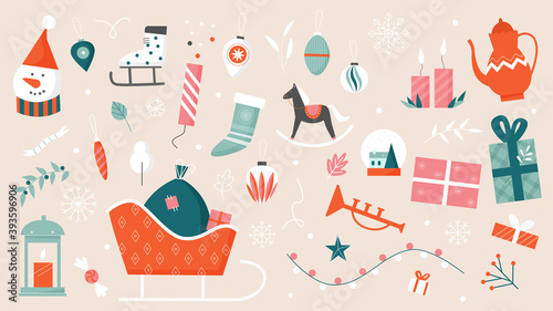 Christmas decoration vector illustration set. Cartoon xmas elements collection of sleigh with winter holiday gift box, socks, candle, garland and balls celebration decor for Christmas tree background