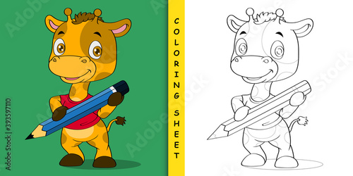 cartoon giraffe carrying a pencil, Coloring sheet