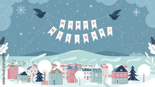 Happy winter holiday greeting card vector illustration. Cartoon urban xmas cityscape scene with houses and decorated Christmas tree under snow, snowy Christmas eve landscape postcard background