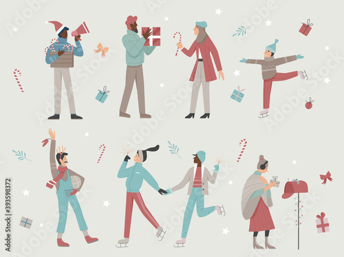 Happy people enjoy Christmas time vector illustration set. Cartoon active characters celebrate winter holidays with xmas gifts, sparklers and Christmas decorations, skate on ice rink background