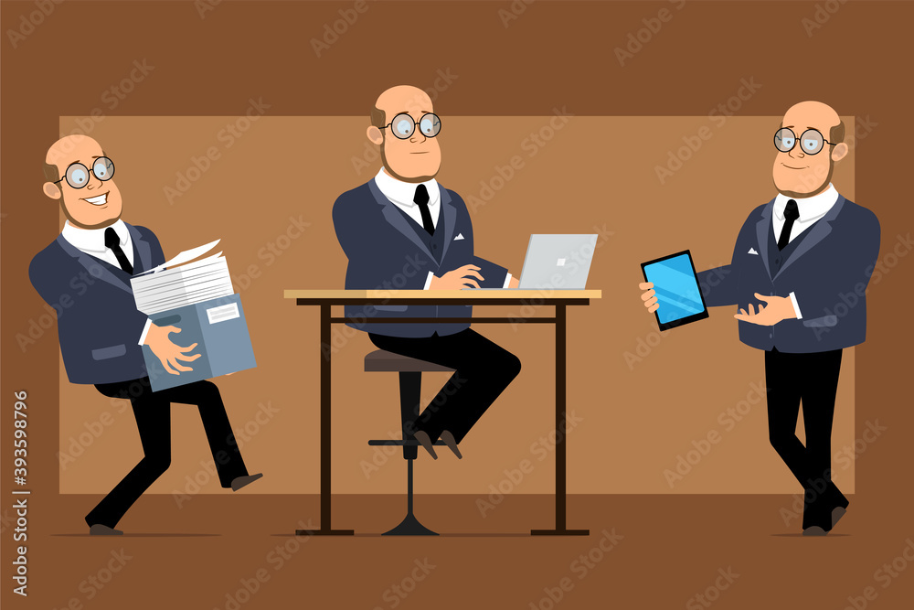 Cartoon flat funny bald professor man character in dark suit and glasses. Boy working on laptop and carrying paper box with documents. Ready for animation. Isolated on brown background. Vector set. Cartoon flat funny bald professor man character in dark suit and glasses. Boy working on laptop and carrying paper box with documents. Ready for animation. Isolated on brown background. Vector set.