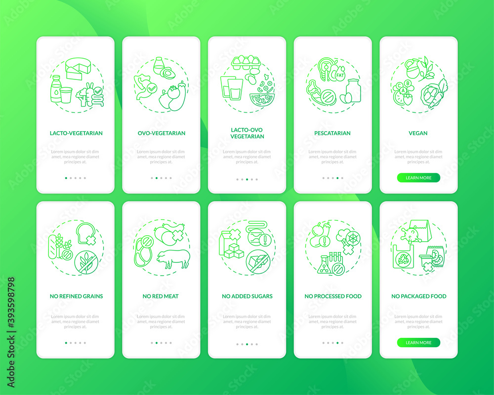 Vegeterian lifestyle onboarding mobile app page screen with concepts set. Healthy ingreadients eating life walkthrough 10 steps graphic instructions. UI vector template with RGB color illustrations Vegeterian lifestyle onboarding mobile app page screen with concepts set. Healthy ingreadients eating life walkthrough 10 steps graphic instructions. UI vector template with RGB color illustrations