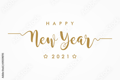 Happy New Year 2021. Gold Text Hand Written Calligraphy Lettering isolated on White Background. Flat Vector Illustration for Greeting Cards.