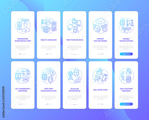 Smart watch setup tips onboarding mobile app page screen with concepts set. Download, GPS location, updates walkthrough 5 steps graphic instructions. UI vector template with RGB color illustrations