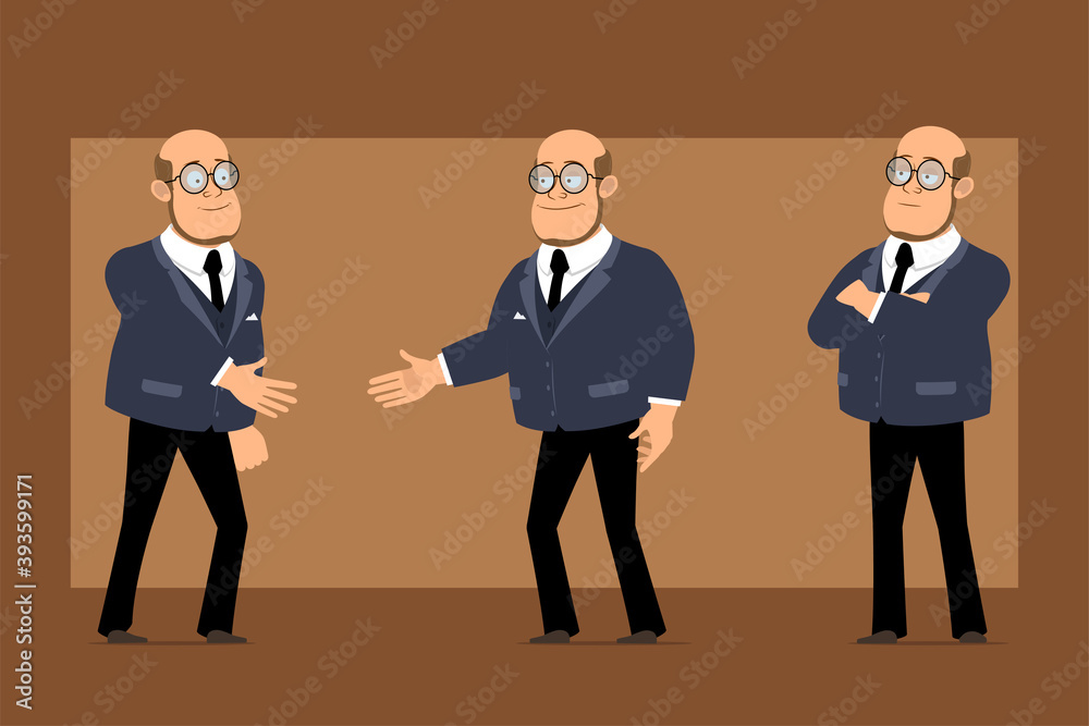 Cartoon flat funny bald professor man character in dark suit and glasses. Boy posing and shaking hands with friend. Ready for animation. Isolated on brown background. Vector set. Cartoon flat funny bald professor man character in dark suit and glasses. Boy posing and shaking hands with friend. Ready for animation. Isolated on brown background. Vector set.