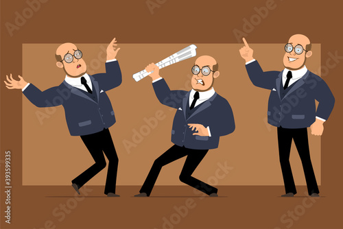 Cartoon flat funny bald professor man character in dark suit and glasses. Boy showing attention sign and falling down. Ready for animation. Isolated on brown background. Vector set.