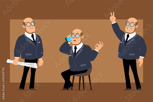 Cartoon flat funny bald professor man character in dark suit and glasses. Boy showing peace sign and talking on phone. Ready for animation. Isolated on brown background. Vector set.