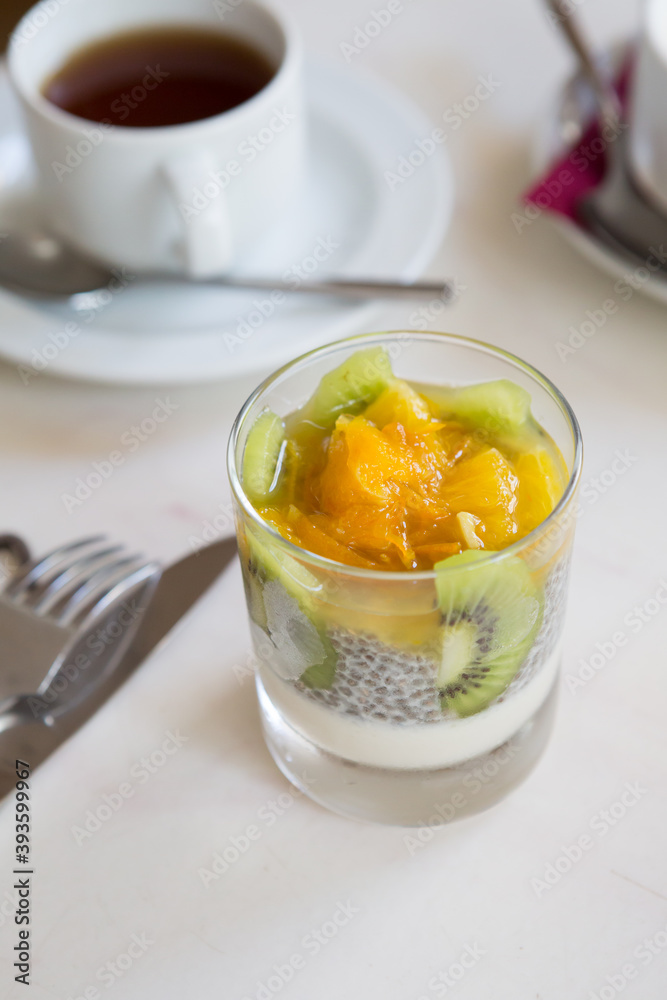 Glass of chia breakfast with fruits Glass of chia breakfast with fruits