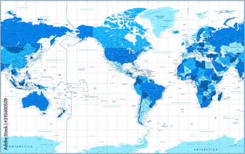 Fototapeta Naklejka Na Ścianę i Meble -  World Map - Political - American View - America in Center - Blue and White Color - Vector Detailed Illustration
