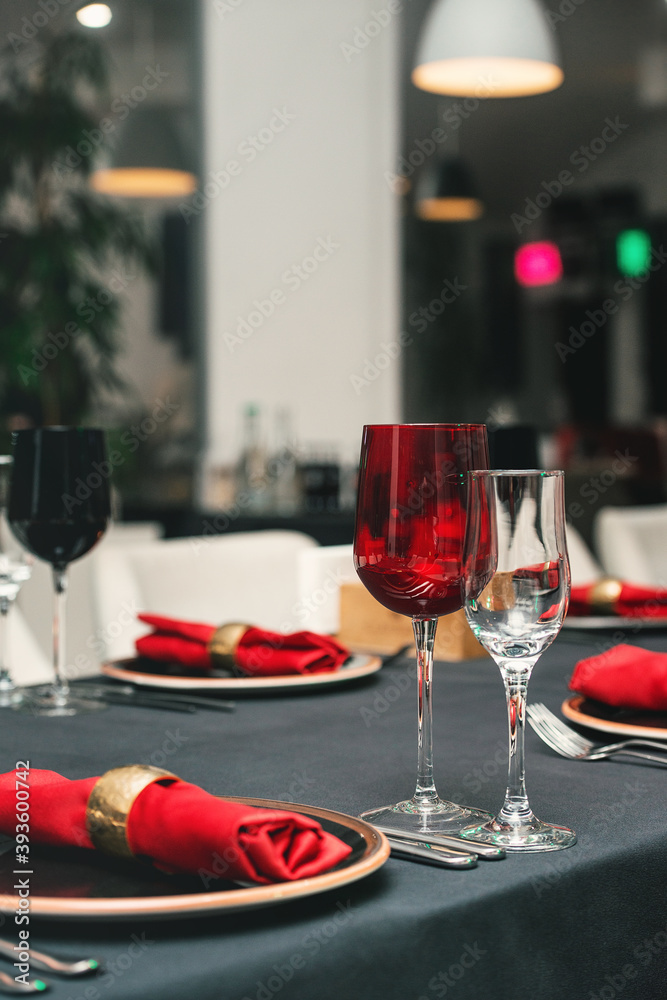 Table served for Christmas dinner in a restaurant, close up view Table served for Christmas dinner in a restaurant, close up view