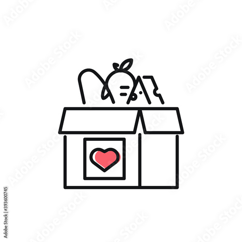 Food donation icon on white. Food box for donations. Vector black icon for help, social care, volunteering, support for poor people, charity and food drive. Vector outline icon with editable stroke