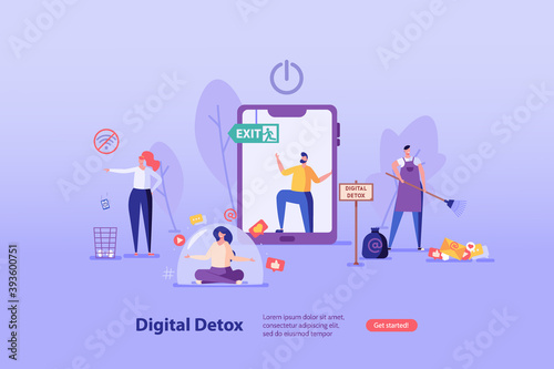 People meditate, clean, step out, relax, read books. Concept of digital detox, disconnecting, mediastika, device free zone, internet addiction, phubbing. Vector illustration in flat design.