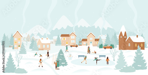 Winter village  snow Christmas landscape vector illustration. Cartoon active people have fun next to Christmas tree  ice skating and playing with snowballs  happy winter outdoor activity background