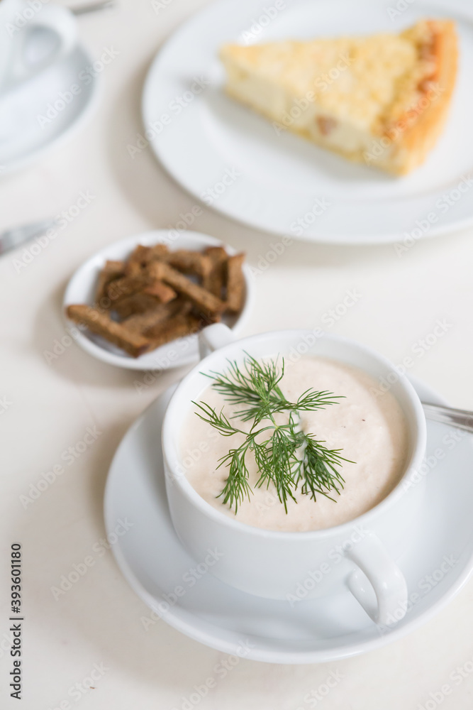 White stylish cream soup with croutons White stylish cream soup with croutons