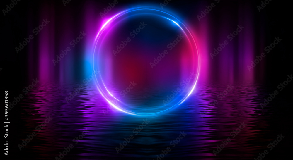 Dark abstract background. Neon light circle figure. Reflection of neon light on the water. Dark abstract background. Neon light circle figure. Reflection of neon light on the water.