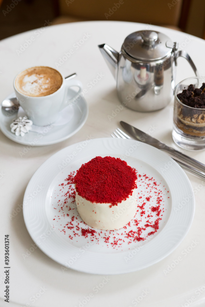 Red velvet cake on a cafe table Red velvet cake on a cafe table