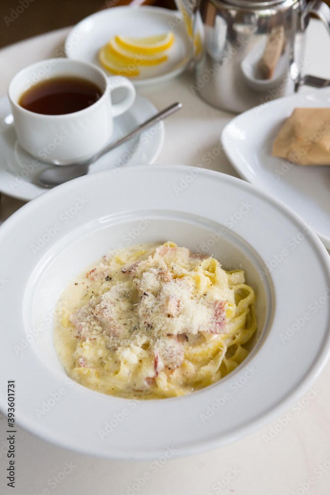 Carbonara pasta served for lunch