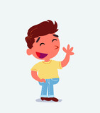  cartoon character of little boy on jeans waving informally while smiling.