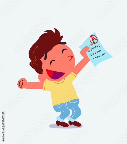 euphoric cartoon character of little boy on jeans raises his arms with exam in hand