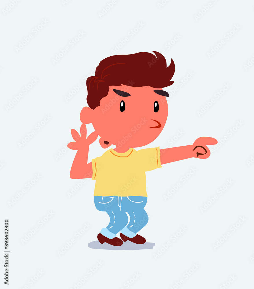 Surprised cartoon character of little boy on jeans points to something
