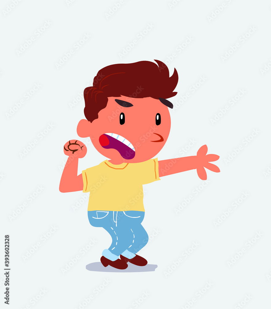 Very angry cartoon character of little boy on jeans pointing at somethin