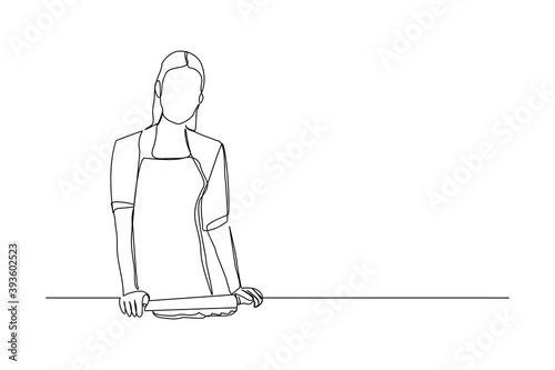 Continuous line drawing of chef woman rolling bakery pizza dough use wooden rolling pins. One line concept of bake receipt cooking. Vector illustration