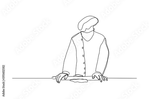 Continuous line drawing of chef man rolling bakery pizza dough use wooden rolling pins.  One line concept of bake receipt cooking. Vector illustration