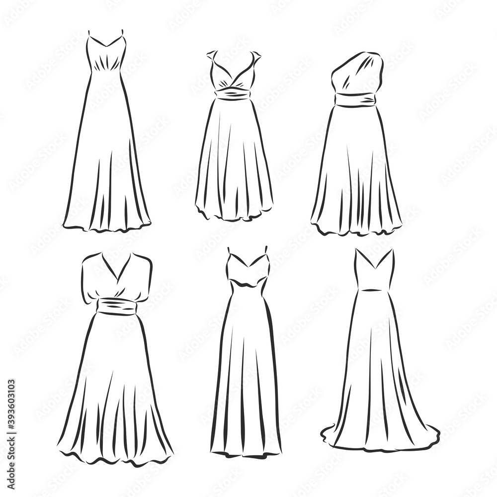 Hand drawn vector clothing set. of trendy maxi dresses isolated on white. dress vector sketch illustration Hand drawn vector clothing set. of trendy maxi dresses isolated on white. dress vector sketch illustration