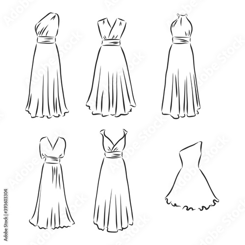Hand drawn vector clothing set. of trendy maxi dresses isolated on white. dress vector sketch illustration