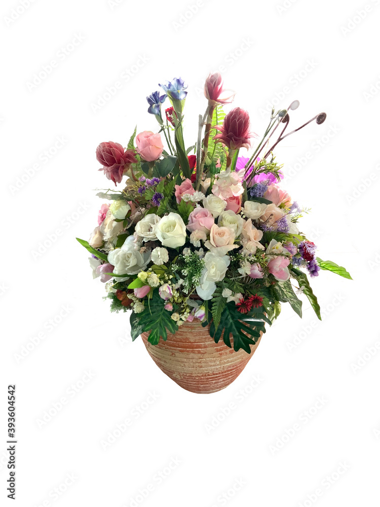 White, red and pink flowers in a vase