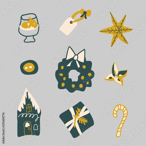 Vector set illustrations for Christmas and New Year.Clip art with wreath,star,drink,house,gift, candy,button,label.Collection in trend colors 2021:tidewater green,fortuna gold,sail champagne.