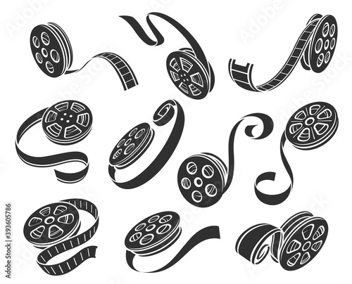 Film reel bold black silhouette icons set isolated on white. Filmmaking gear, cinematography supplies.