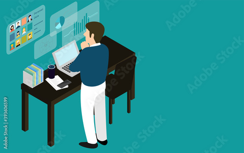 あごに手をあてて仕事のことを考える男性　アイソメトリック..