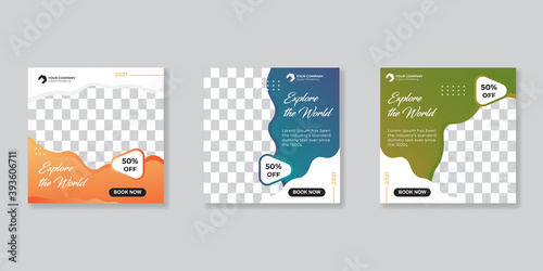 Set of Editable square banner for Travel social media post, Template banner for travel ads with abstract shape, Vector illustration.