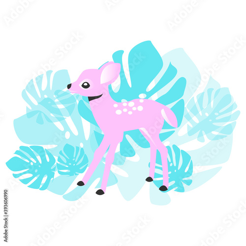 Illustration of a cute fawn in tropical leaves