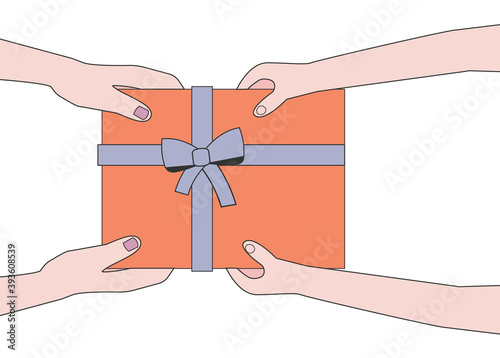 Top view of female and child hands holding red gift box with ribbon on pastel background. Present for Mother’s day, Women’s Day, birthday, Christmas, New Year. Vector