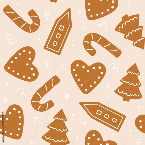 Christmas seamless pattern with gingerbread cookies. Vector background for winter holidays and Christmas design. Hand drawn surface pattern in flat style for wrapping paper, fabric, cards and gift tag