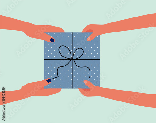 Top view of female and child hands holding dotted gift box with ribbon on blue background. Present  for Mother’s day, Women’s Day, birthday, Christmas, New Year, etc. Vector