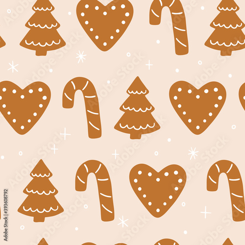 Christmas seamless pattern with gingerbread cookies. Vector background for winter holidays and Christmas design. Hand drawn surface pattern in flat style for wrapping paper, fabric, cards and gift tag
