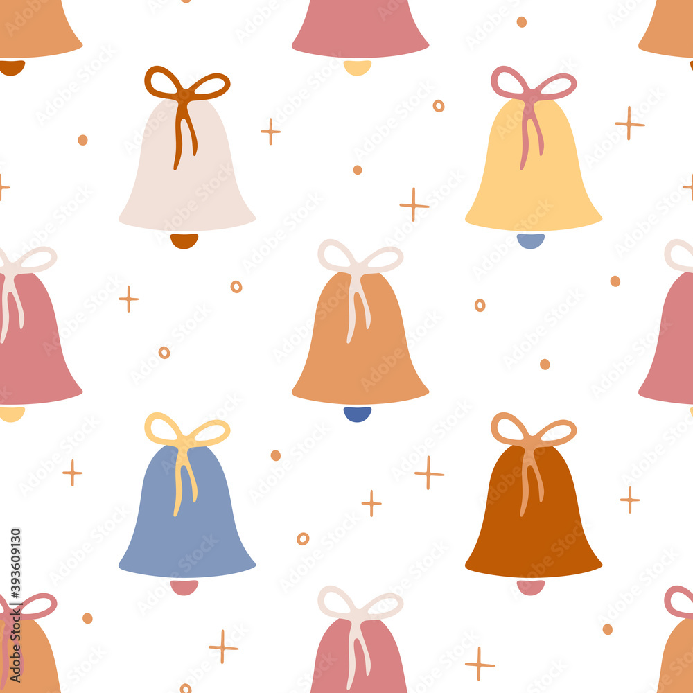 Christmas seamless pattern with jingle bells. Hand drawn vector pattern