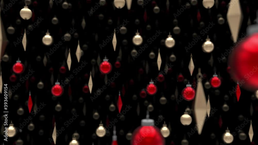 New year and Christmas 2021. Abstract Christmas background. Gold and red Christmas ball toys. Baubles decoration. VJ Christmas celebration concept. 3d Loop animation of 4K