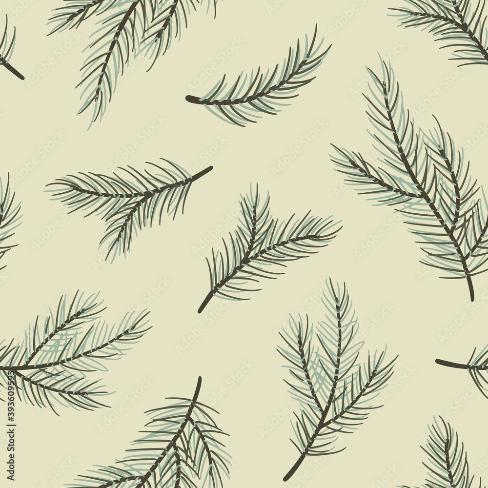 Festive seamless vector pattern with spruce branches for Christmas background and decorative design. Floral ornament for wallpaper, wrapping paper, textile and scrapbook. Vector backdrop