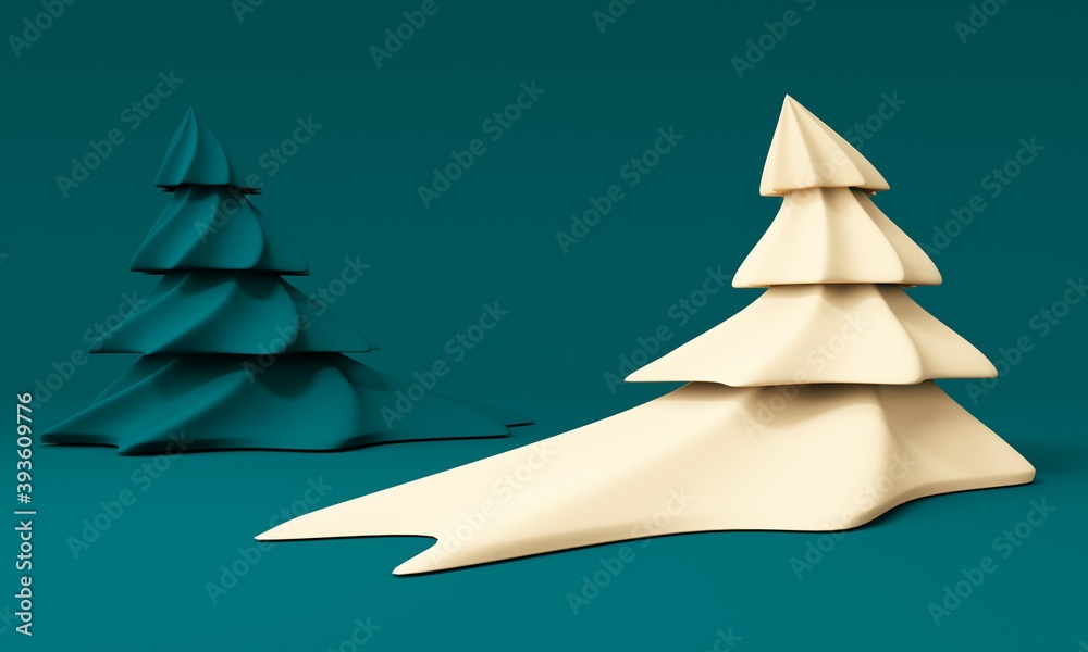 3D Christmas tree. Cartoon christmas background. Rendering of Christmas trees on a bright background