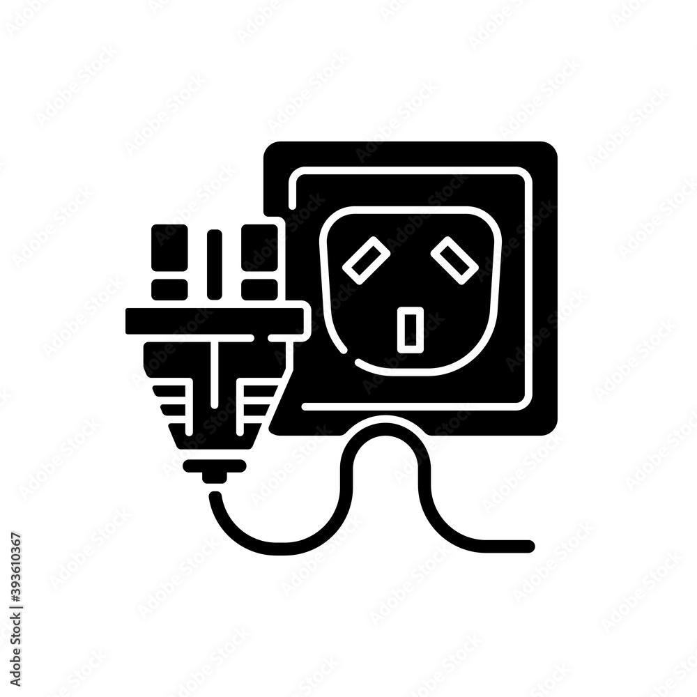 Outlet for cable black glyph icon. Multiple pins on plug. Socket for power supply. Disconnect appliance wire. Home energy generation. Silhouette symbol on white space. Vector isolated illustration Outlet for cable black glyph icon. Multiple pins on plug. Socket for power supply. Disconnect appliance wire. Home energy generation. Silhouette symbol on white space. Vector isolated illustration
