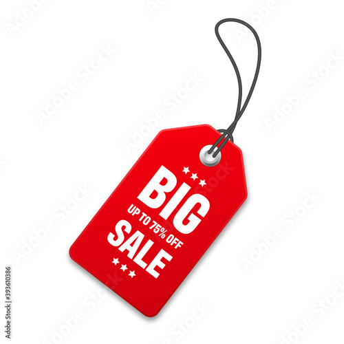 Realistic red price tag. Special offer or shopping discount label. Retail paper sticker. Promotional sale badge. Vector illustration.