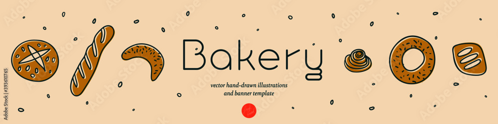 Bakery banner template with vector hand-drawn icons of bread in warm ochre tints. Fresh bread for Bakehouse emblem with color illustrations of breadstick, baguette, bagel for label, packaging design. Bakery banner template with vector hand-drawn icons of bread in warm ochre tints. Fresh bread for Bakehouse emblem with color illustrations of breadstick, baguette, bagel for label, packaging design.