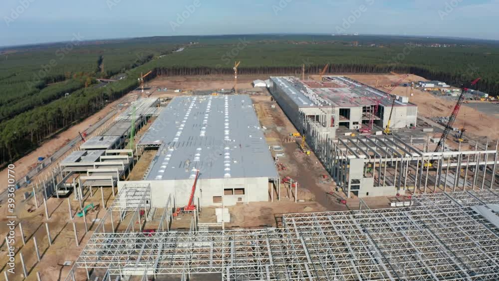Huge Construction Site and structures of Factory Building being built in Germany, Aerial View