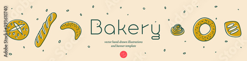 Bakery banner template with vector hand-drawn icons of bread in warm ochre tints. Fresh bread for Bakehouse emblem with color illustrations of breadstick, baguette, bagel for label, packaging design.