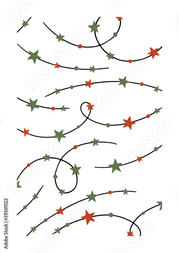 Festive Christmas illustration with garland and Christmas decorations. Hand drawn vector greeting card for posters and winter decorative design. Christmas template